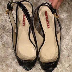 Prada peep toe black leather heel for sale
